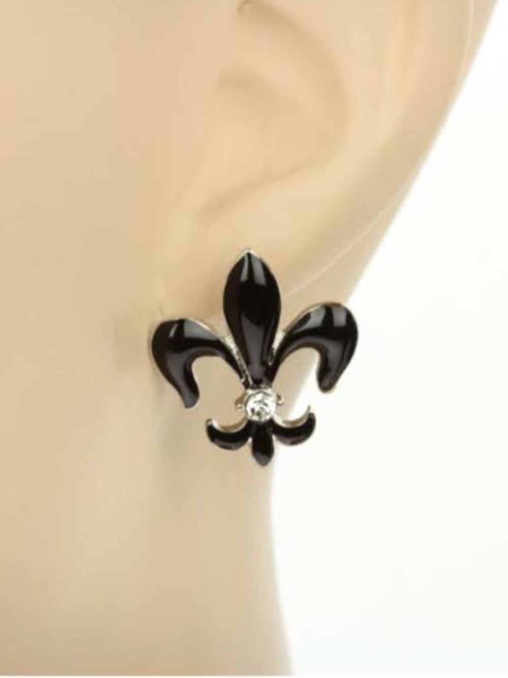 Fleur de Lis Black Enamel Stud Earrings with Clear Stone